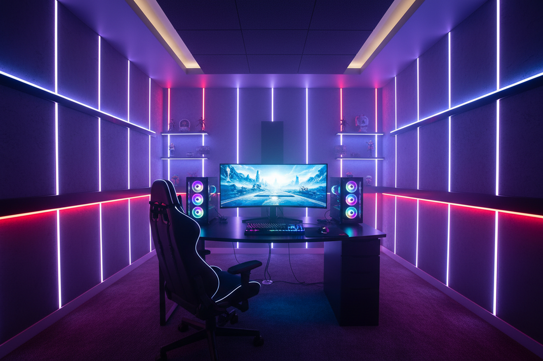 Gaming room with neon lights and a computer setup